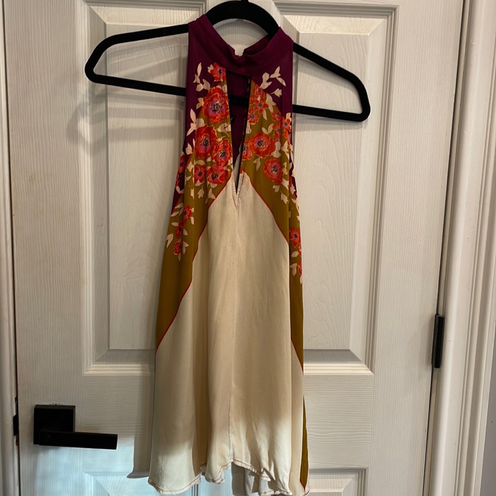 Free People Cream & Multi Floral Halter Blouse. Tunic Length. Rayon. Size Small.